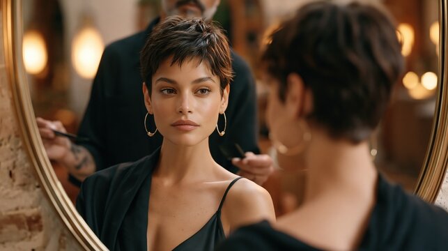 Woman admiring her new bixie haircut, stylist standing behind her holding a comb, warm salon lighting
