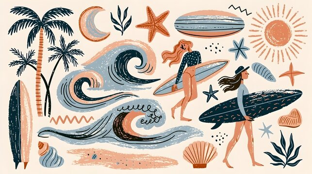 Hand drawn doodle beach and surf vector illustration set. Tropical coastal elements like palm trees, waves, surfboards, and sun perfect for summer designs, t-shirts, posters, and placard prints. 