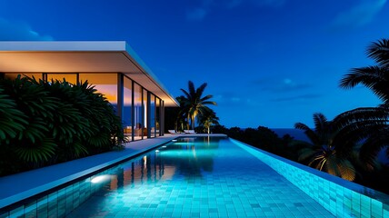 Fototapeta premium Contemporary architectural villa with illuminated infinity pool architecture tropical exterior 