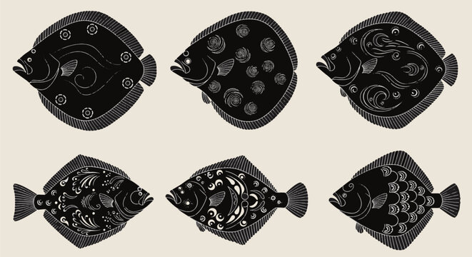 Set of six stylized halibut silhouettes with intricate white decorative line art patterns on black fish bodies, isolated on a cream background for seafood and marine life graphic design.