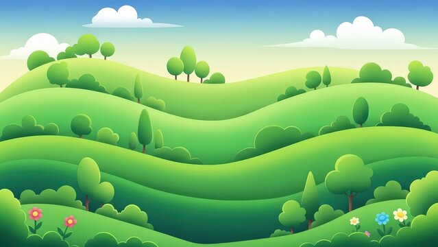 Colorful cartoon illustration of rolling green hills with scattered trees and blooming flowers under a bright blue sky with fluffy clouds