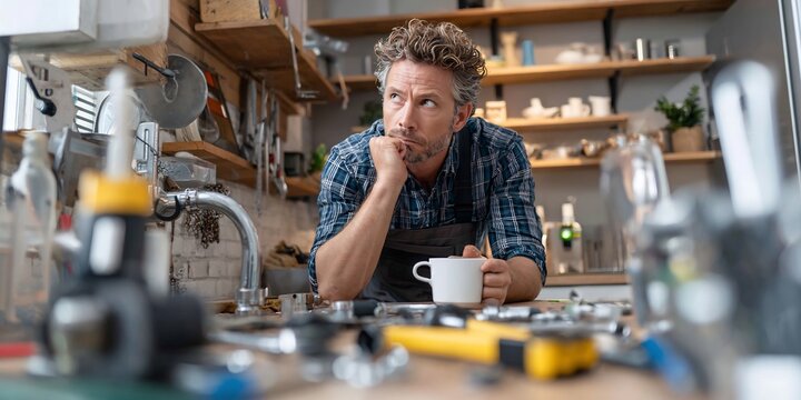 Plumber fixing leaky pipe under sink modern kitchen variety of tool part scattered around homeowner standing nearby holding cup of coffee looking concerned photographed photorealistic style shallow