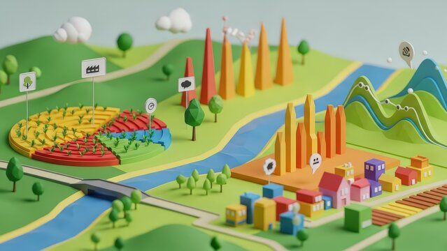 Colorful isometric illustration of a fun amusement park with roller coasters rides and attractions for families and children