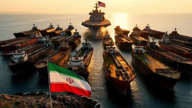 many cargo tankers and a huge aircraft carrier stand in the sea against the setting sun near a rocky shore where the state flag of iran waves in the foreground close up