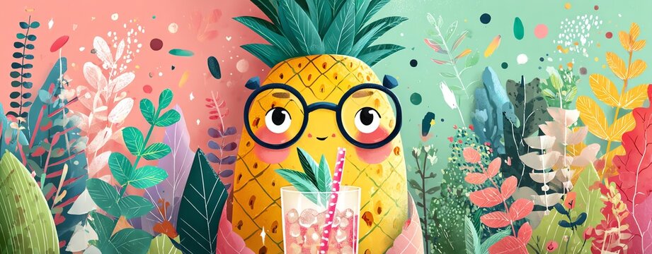 Cute pineapple character with tropical background.