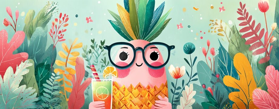 Cheerful pineapple character in colorful garden.
