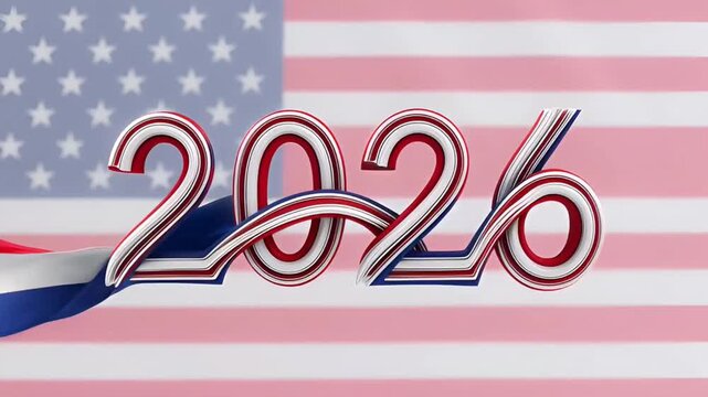 white rugby ball flies against the background of a waving american flag and transforms into ribbons forming the digits of the year movement from left to right creating inscription 2026