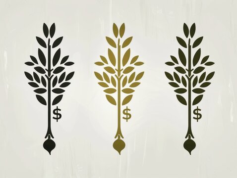 Three stylized trees with dollar sign pendants against a light background