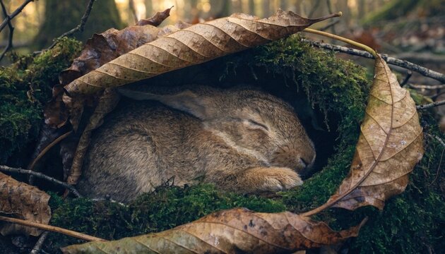Sleeping Dormouse Sheltered Beneath an Autumn Leaf A curled dormouse sleeps beneath a fallen leaf in soft moss, creating a peaceful woodland hibernation scene
