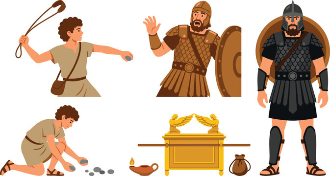 David and Goliath Biblical Character Set Featuring Shepherd Boy Using Sling Ark of the Covenant and Philistine Warrior in Scale Armor Vector Illustration