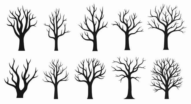 Collection of ten black silhouettes of bare dead trees with leafless branches and various trunk shapes isolated on white background for winter, autumn, and horror design themes.