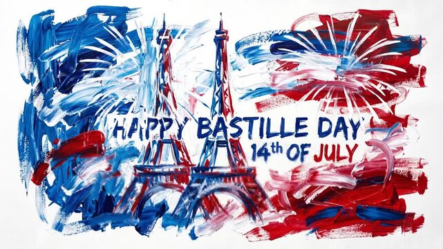 Happy Bastille Day 14th July animation: Eiffel Tower and French flag colors.