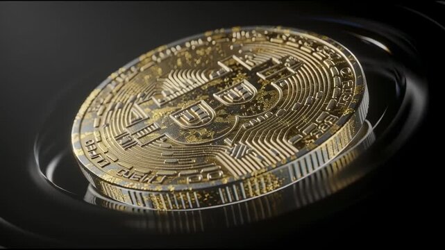 Bitcoin Gold Coin Pulsing on Ripple Surface Cinematic CBDC Digital Finance Illustration