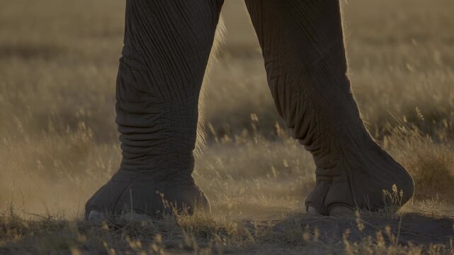 Elephant front feet stepping through dry savanna at golden hour, low angle close view showing dust plume, compressed toe pads, wrinkled skin, and strong ground contact