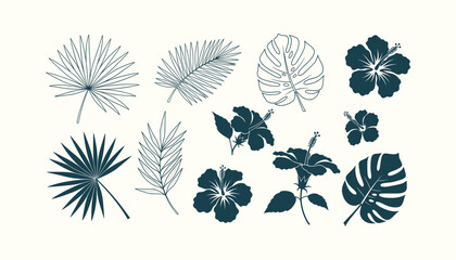 Tropical Leaves and Hibiscus Flower Silhouette and Outline Set Botanical Elements for Exotic Design © RUMA