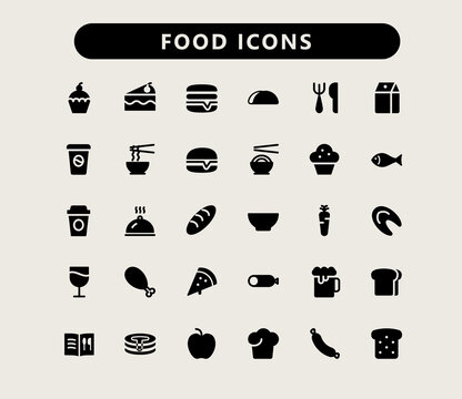 Food vector solid icon set. Glyph black food icons.