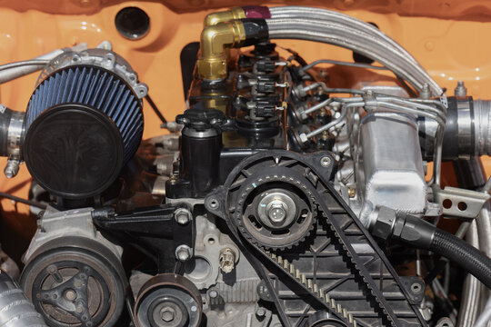 Timing Belt Alignment Marks on Camshaft Sprocket During Engine Maintenance.