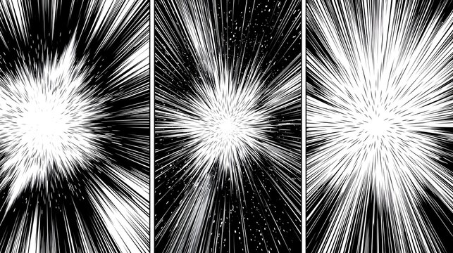 Manga comic burst effect background set with three vertical black and white speed line bursts. Radial explosion effect with bold motion lines with dynamic action and anime energy burst. 