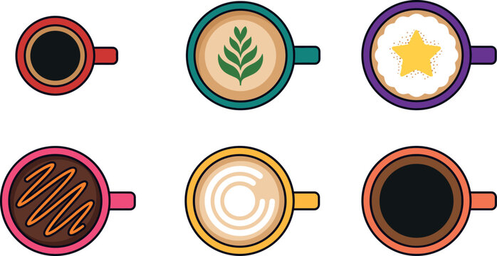 Coffee cups top view vector set flat art latte illustration icons for cafe menu breakfast morning beverage