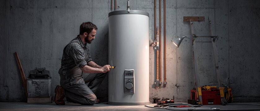 Plumber installing new water heater basement few pipe tool scattered around dimly lit background clean professional stock photo sharp macro photography style Ultra Realism ultra photorealistic no text