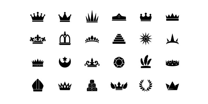 Crowns and Royal Symbols in a Set of 24 Distinct Black Icons Arranged in a 4x6 Grid Featuring Crown, Symbol, Icon with Silhouette