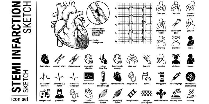 STEMI Myocardial Infarction Sketch Black White-Coronary Occlusion ST Elevation Damage-Heart Attack Vector-STEMI Icon Sketch-Cardiology ICU Design Set
