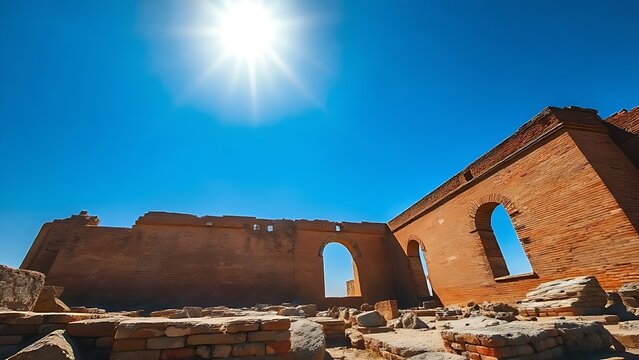 Ruins of a large brick structure with colorful glazed tile fragments under a blue sky.