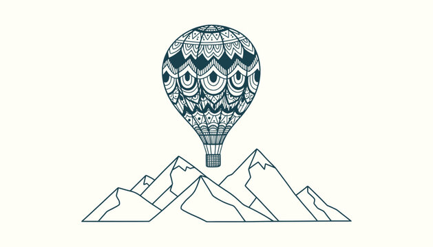 Decorative Mandala Hot Air Balloon Floating Over Minimalist Mountain Peaks Landscape Line Art Vector