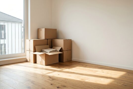Stacked cardboard moving boxes in bright empty room with sunlight, relocation concept, no people