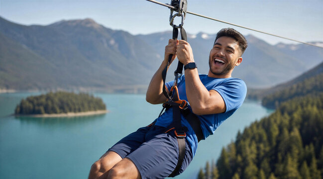Man Ziplining Over Mountain Lake on Sunny Day