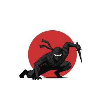Vector illustration of a black ninja silhouette in a crawling crouching pose holding a kunai dagger against a large red circle sun background on a white isolated backdrop.