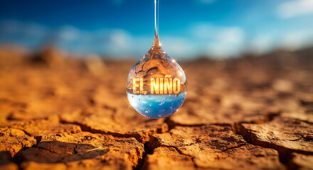 Fototapeta premium Crystal water droplet with El Niño text reflecting over cracked parched earth. Conceptual macro shot of water drop symbolizing drought and climate change.