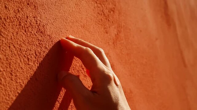 Close-up hand resting on textured terracotta wall under warm side light, with elongated shadows and diagonal composition creating intimate tactile contrast, with hand, finger, touch, wall detail