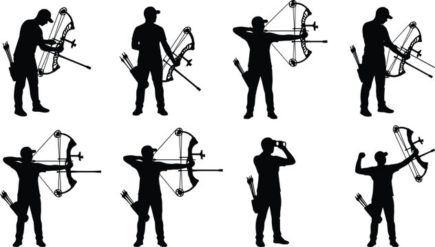 Archer athlete and bow hunter silhouette vector set with compound bow isolated on white background.