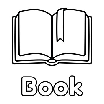 Simple open book with bookmark vector line art coloring page for toddlers, school textbook outline illustration with bold typography text label for kids educational worksheets.