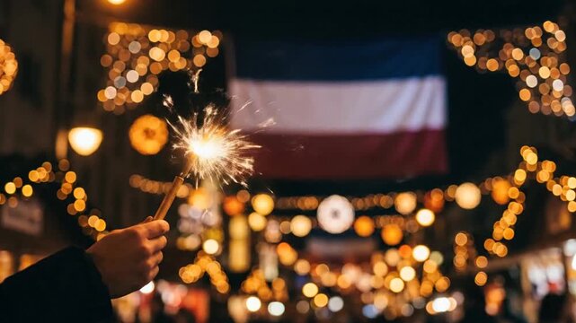 Hand holding burning sparkler at night with blurred French flag background