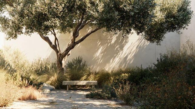 Drought tolerant urban landscape with olive tree, bench, and xeriscape garden in warm sunlight