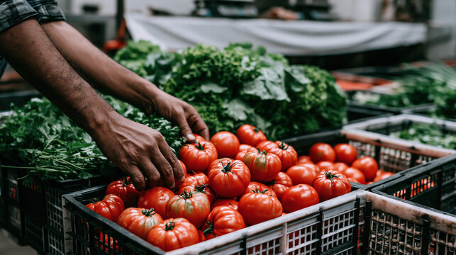 Fresh market tomato harvest hands arranging ripe tomato in crate with green leaf vegetable background