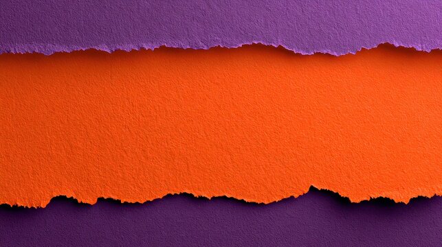Textured purple paper is ripped horizontally, revealing a bright orange background, creating a dynamic abstract design. Perfect for vibrant graphic backgrounds or creative.
