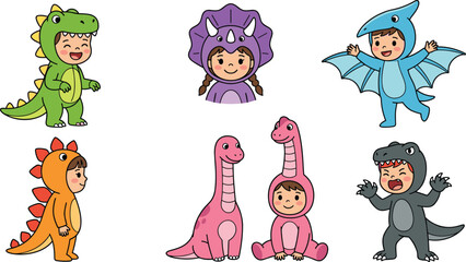 Cute Cartoon Children Character Set Wearing Various Dinosaur Costumes Including Tyrannosaurus Rex Triceratops Stegosaurus and Pterodactyl Outfits Vector Illustration © MbBasir