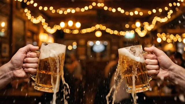 Group of friends celebrating with cheers of beer mugs in warm cozy pub scene at night