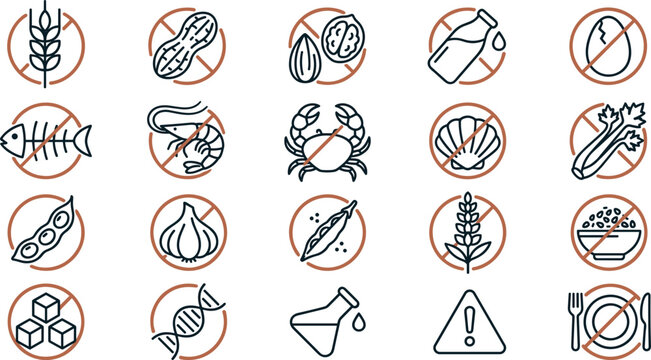Food allergy and dietary restriction vector icon set featuring allergen warning symbols for gluten, dairy, seafood, nuts, and sugar