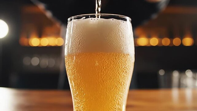 Refreshing cold beer pouring into glasses with golden bubbles and foamy head on wooden table