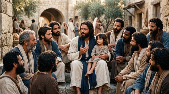 Jesus Christ holding a child and teaching the disciples in a biblical setting. Religious scene depicting humility and faith in the Kingdom of Heaven. Cinematic spiritual illustration.