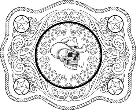 Print Western Cowboy Skull Belt Buckle Engraving Vector with Floral Scroll Ornament