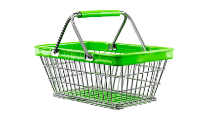 Fototapeta premium Wire shopping basket with green plastic handle isolated on white background.