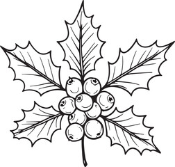Fototapeta premium Black and white holly leaf and berry branch line art drawing Vector