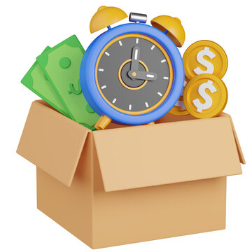 3D render Alarm Clock and Money in Cardboard Box, Time box Isolated icon 