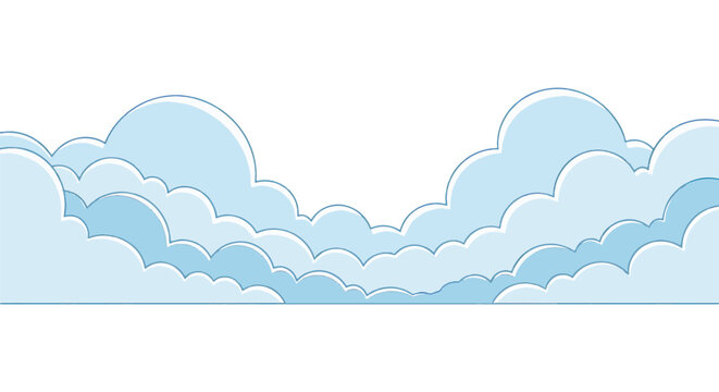 Stylized blue cloud border with thin outlines and layered cumulus shapes on a white background, minimalist vector sky illustration for horizontal web banner or graphic design.