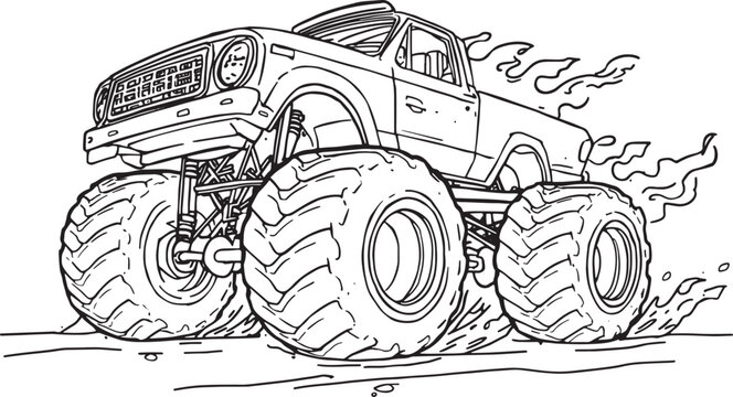 Black and white line art of a fast monster truck for coloring page Vector